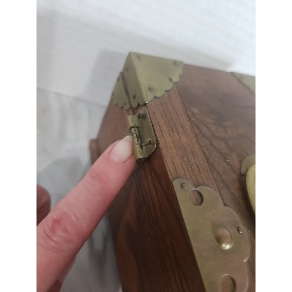 Antique Chinese Wood Jewelry Box Ornate Brass Accents Lined Pull Out Shelf